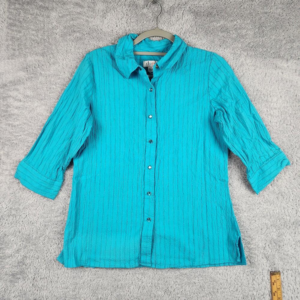 Vintage Denim & Co Button Up Shirt Womens Small Blue Tunic Pearl Snap Ribbed Y2k